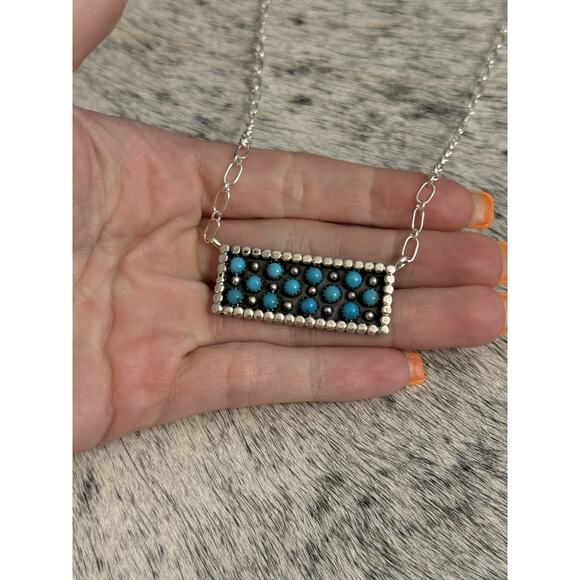 Native American Jewelry - Native Navajo Handmade Sterling Kenny Longjose Kingman Turquoise Bar Necklace